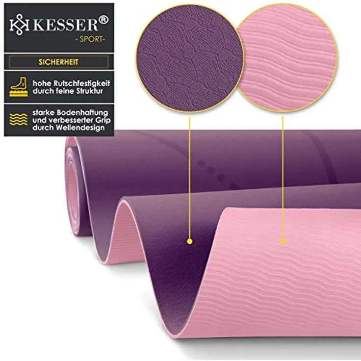 KESSER® Gymnastikmatte mit Tragegurt rutschfest TPE Yogamatte Gepolstert & rutschfest Fitnessmatte, 183 x 61 Trainingsmatte für Fitness Sportmatte, Pilates & Gymnastik Workout extradick (Lila) – Bild 4