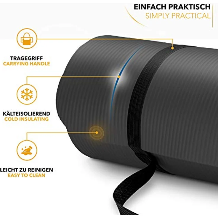 TRESKO Yogamatte Phthalatfrei, rutschfest und gelenkschonend mit Tragegurt, 185 x 60 x 1,5 cm, schwarz – Bild 2