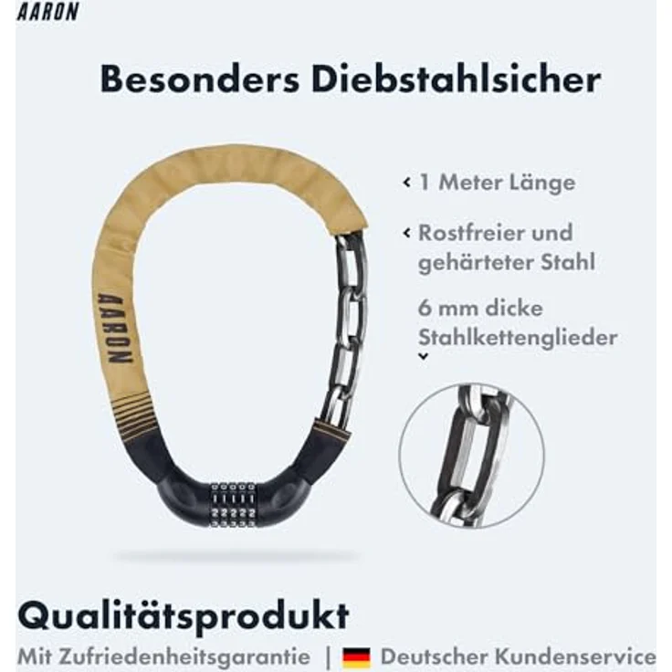 AARON Lock One Kettenschloss, Fahrradschloss mit 5-stelligem Zahlencode, gehärtetem Stahl und hoher Sicherheitsstufe, 100 cm, sand – Bild 2