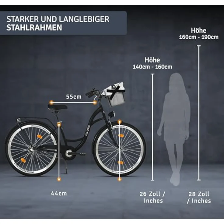 Milordbikes City-Fahrrad, Schwarz, 46 cm, Metallrahmen, für Freizeit und Fitness, mit Aluminiumfelgen und hinterem Träger – Bild 3