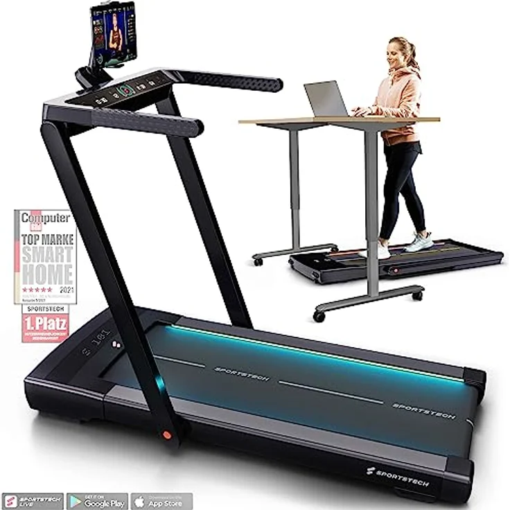 Sportstech sTread Fold Smartes Mini Laufband klappbar mit App Funktion - Fitness Treadmill bis 12 km/h & Walking Pad bis 6 km/h für Zuhause - 360° Tablet Holder – Bild 1