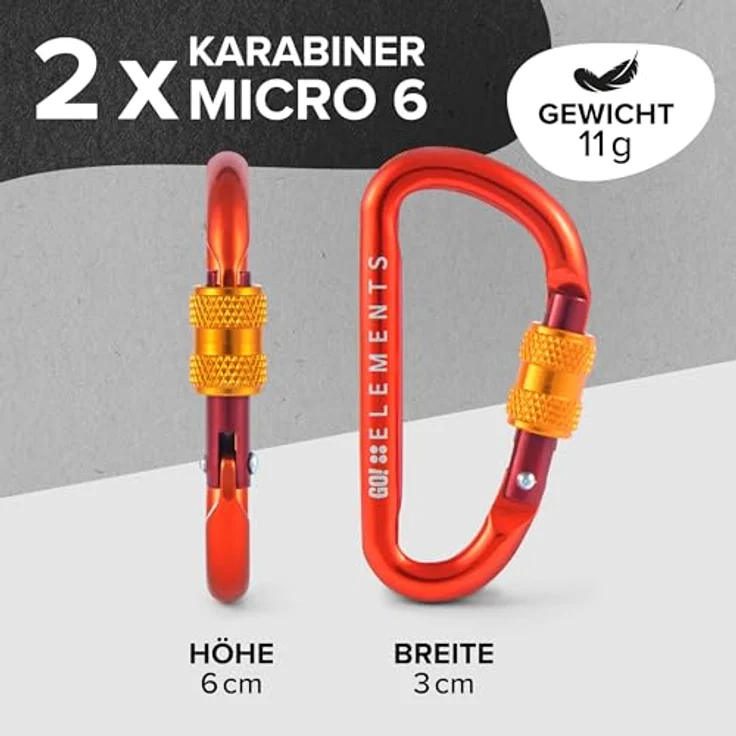 GO!elements Mini Karabiner Micro 6, 2er Pack mit Schraubverschluss, farbe: Pyro, ultraleicht und robust, salzwasserbeständig für vielseitige Outdoor-Anwendungen – Bild 2