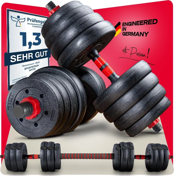 Sportstech AH150, Hanteln 2-in-1, umwandelbar in Langhantel, max. 40 kg, hohe Langlebigkeit
