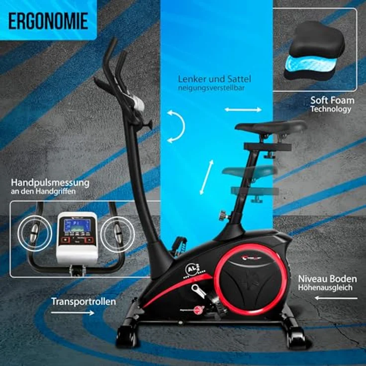 Christopeit Ergometer AL 2 S Digital, Heimtrainer Fahrrad bis 150kg, 24 Widerstandsstufen, 9kg Magnet-Bremssystem, leise, Soft-Touch-Computer, Handpulssensoren, Tablet-Halterung, schwarz, Kinomap – Bild 5