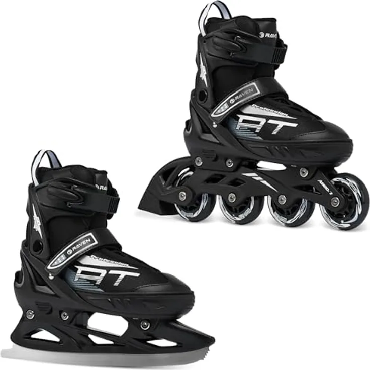 RAVEN Profession 2in1 Schlittschuhe Inlineskates, verstellbar für Kinder und Erwachsene, schwarz, Größen 38-42 (25cm-27,5cm), inkl. Kufenaufsatz