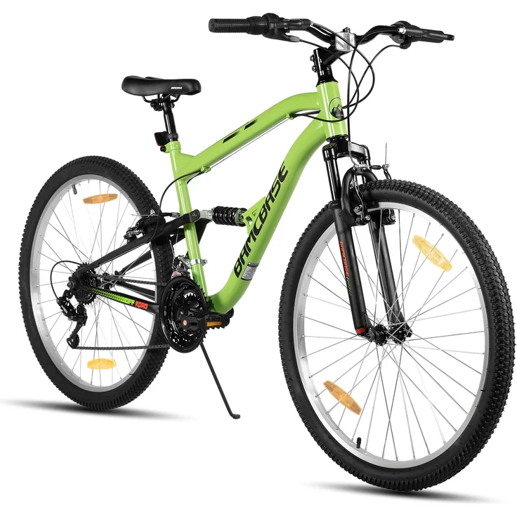 Hiland 26 Zoll Vollfederung Mountainbike, 18 Gang Antriebsstrang, Herren Damen Fahrrad für Abenteuer, Grün