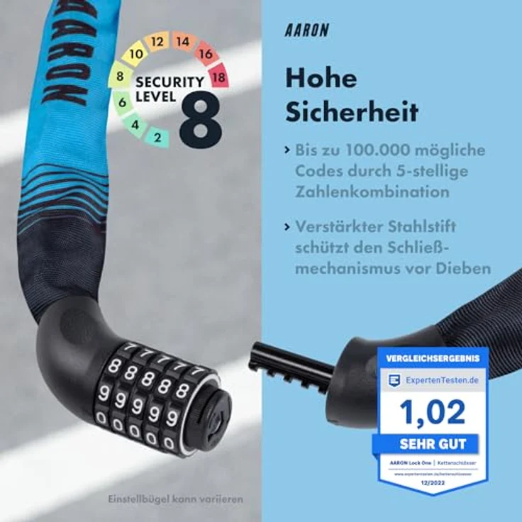 AARON Lock One Fahrradschloss, Kettenschloss mit 5-stelligem Zahlencode, 100 cm lang, gehärteter Stahl, hohe Sicherheitsstufe, blau – Bild 4