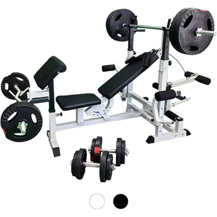 GORILLA SPORTS® Hantelbank - inkl. 100kg Hantelset, Ablage, Dip-Station, Curlpult, Beincurler, Butterfly, Latzug, Verstellbar, Schwarz/Weiß - Multifunktion Trainingsbank mit Gewichten, Kraftstation – Bild 4