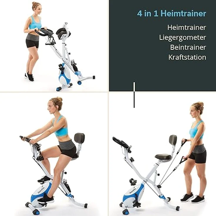 Skandika Fitnessbike Foldaway X-3000 X-Bike mit Lehne, Ergometer Fahrrad, klappbarer Hometrainer | Multi-Gym 4 in 1 Heimtrainer, Liegeergometer, Beintrainer, Kraftstation | blau/weiß – Bild 2