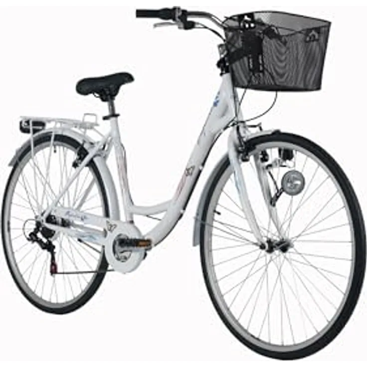 DaCapo Citybike Papilio 28'', 6-Gang-Schaltung, weiß mit Schmetterlingsmotiven, Korb, RH 48 cm