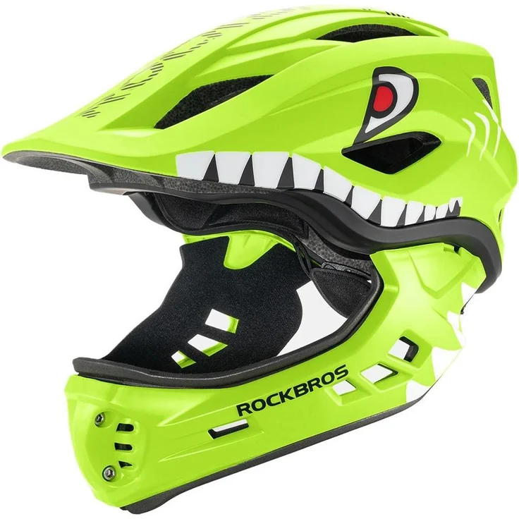 ROCKBROS TT-32003 Shark Kinderfahrradhelm, 48-52 cm, grün mit abnehmbarem Kinnschutz und guter Belüftung