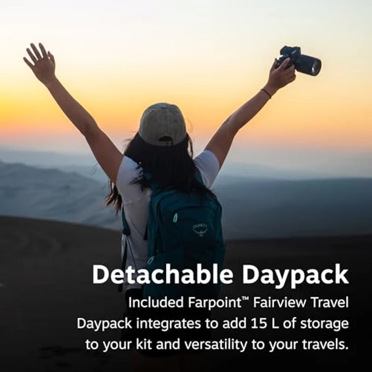 Osprey Fairview 55 Black, Wanderrucksack mit abnehmbarem Tagesrucksack und verstaubaren Gurten, leicht und strapazierfähig – Bild 2