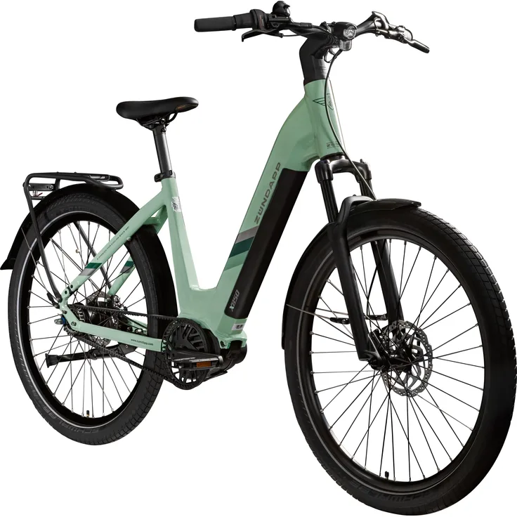 Zündapp X850 Trekking E-Bike, 28 Zoll Pedelec mit 550 Wh, Riemenantrieb, 7-Gang und pastellgrünem Rahmen