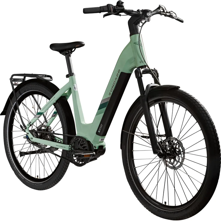 Zündapp X850 Trekking E-Bike, 28 Zoll Pedelec mit 550 Wh, Riemenantrieb, 7-Gang und pastellgrünem Rahmen