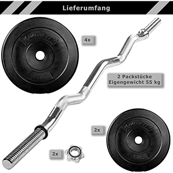 MOVIT 55kg SZ Curlset, mit Sternverschlüssen + 6 Gewichtsscheiben, 120cm SZ Curlstange gerändelt und verchromt, Scheibenaufnahme Ø 25mm – Bild 3