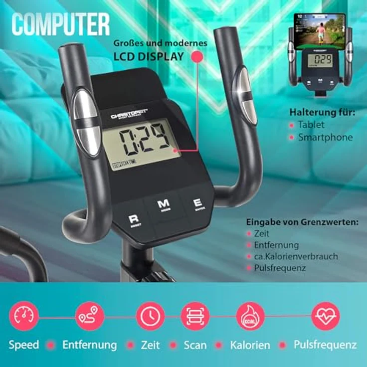 Christopeit CT 5 Crosstrainer für Zuhause, Magnet-Bremssystem, 7 kg Schwungmasse, 15-stufige Widerstandseinstellung, LCD-Display mit Pulsmessung, bis 120 kg belastbar – Bild 3