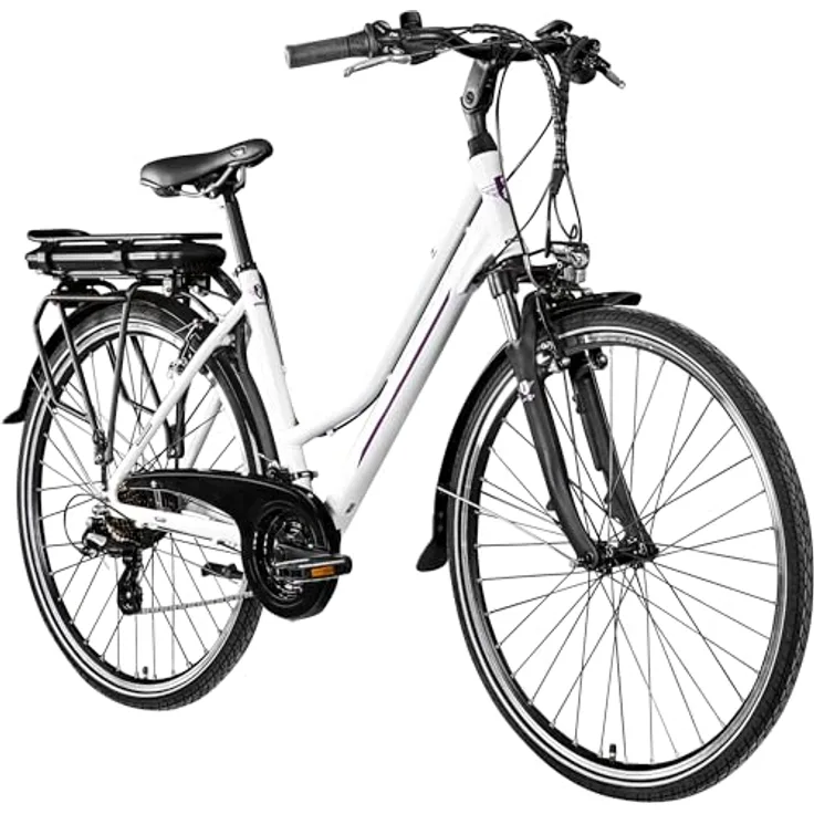 ZÜNDAPP Z802 E Bike Trekking 28 Zoll Elektrofahrrad mit 21 Gängen, bis 115 km, Beleuchtung, LED Display (weiß/lila, 48 cm)