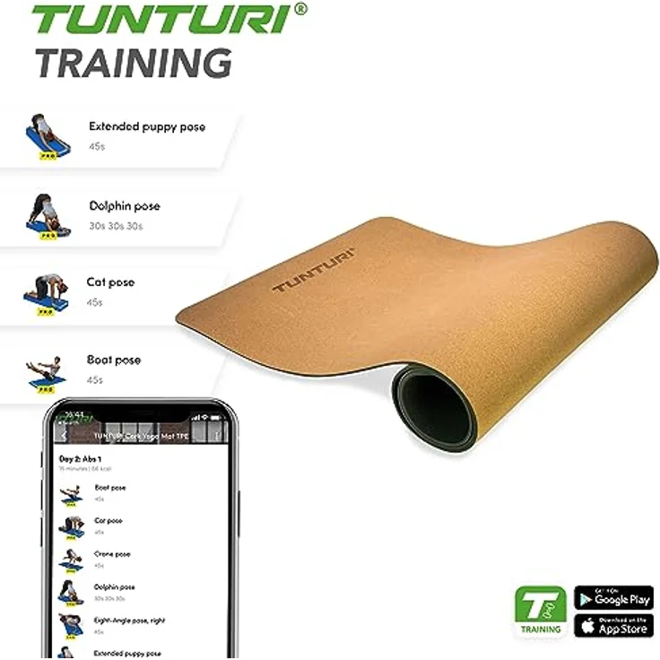 Tunturi Yogamatte aus Kork 183 cm, Korkmatte für Yoga, Pilates, Gymnastik, rutschfest – Bild 3