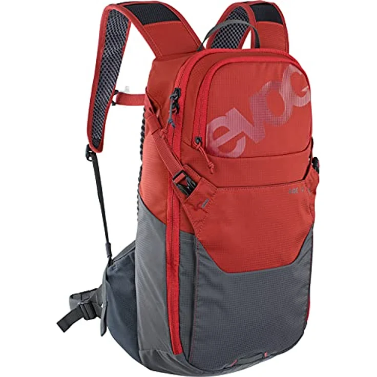 EVOC RIDE 12, Protektor Fahrradrucksack mit AIR-PAD-Rückenpolsterung, cleverem Taschenmanagement und Helmhalterung, 12 Liter, Chili Rot / Carbon Grau – Bild 1