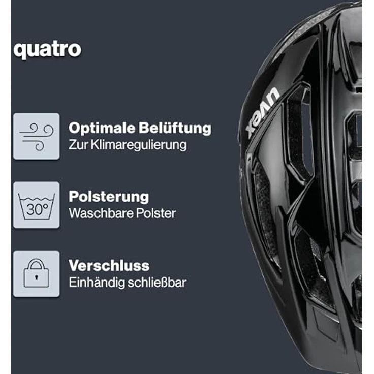 Uvex Sports Quattro, Velohelm für E-Bike und MTB, (56 - 61 cm), mattschwarz, 17 Belüftungsöffnungen, integrierte Sonnenblende und Fliegengitter – Bild 3