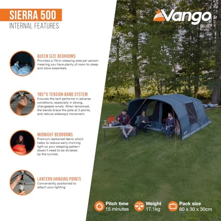Vango Sierra 500, Familienzelt für 5 Personen mit großem Vorraum, 1,95 m Stehhöhe, optimierte Ventilation und 4000 mm Wassersäule – Bild 4