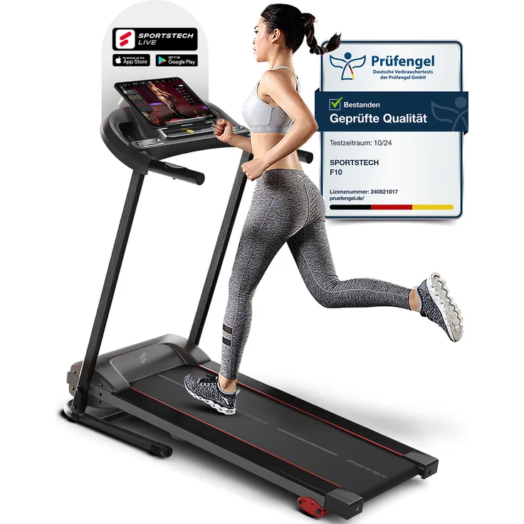 Sportstech Laufband F10, App-Kompatibel + Bluetooth + Selbstschmiersystem, Futuristisches Design, Schwarz