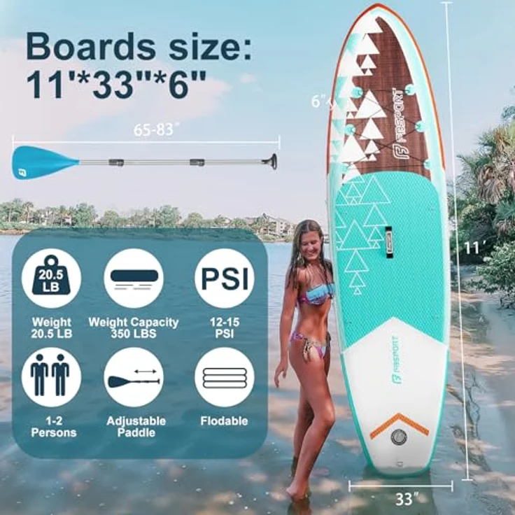 FBSPORT Aufblasbares SUP Board, Stand Up Paddling Board 15CM dick, mit verstellbarem Aluminium SUP Paddel und Pumpe, braun-teal – Bild 2