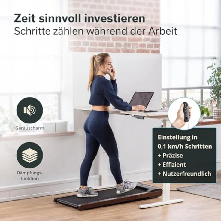 Skandika Walking Pad Nordik K6-H, Laufband für zuhause mit Eichen Massivholz, 6 km/h, LED-Display, Fernbedienung, Kinomap, leises und kompaktes Fitnessgerät für Ausdauertraining im Büro und Home Office – Bild 3