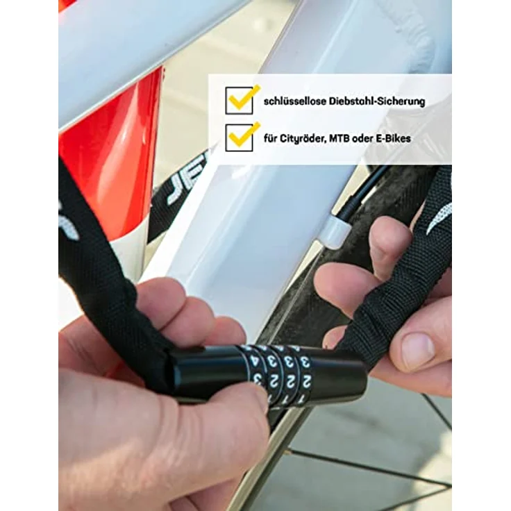 JELEX Dr.Security Fahrradschloss, Anti-Diebstahl-Sicherung mit 4-stelligem Zahlenschloss, personalisierbar, für City Räder, MTB und E-Bike, 98 cm x 2,5 cm – Bild 2
