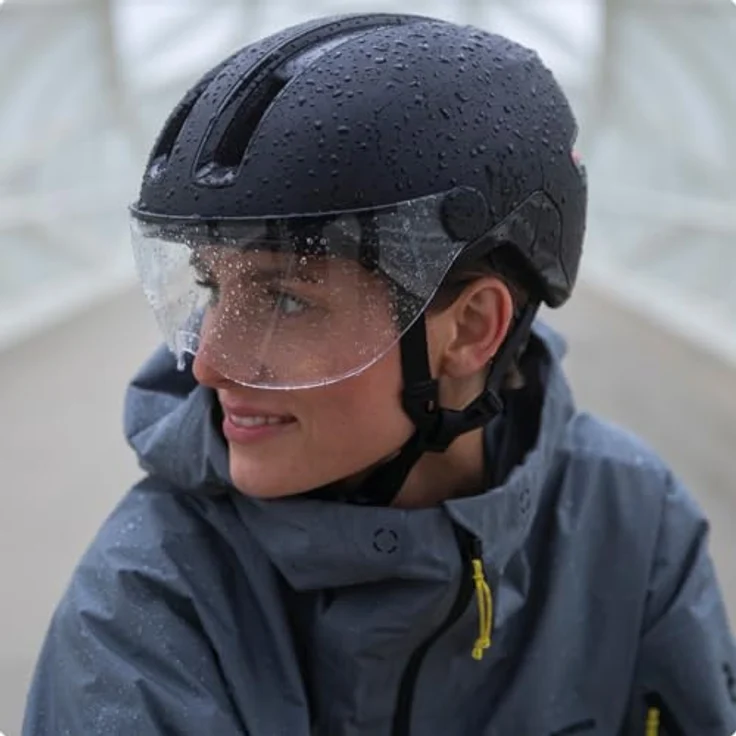 ABUS Stadthelm HUD-Y ACE, stylischer Fahrradhelm mit Visier und magnetischem, aufladbarem LED-Rücklicht, Weiß Glänzend, Größe M – Bild 6