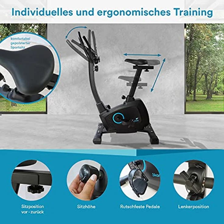 Skandika Heimtrainer Fahrrad Bragi | Hometrainer für Zuhause, 7 kg Schwungmasse, Magnetbremssystem, Kinomap für virtuelles Training, Höheneinstellung, Indoor-Fahrrad, Transportrollen, Tablethalterung – Bild 4