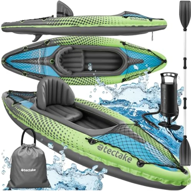 tectake® Aufblasbares Kajak Boot, 1-Personen Paddelboot mit Doppelpaddel, Sitz, Pumpe und Transporttasche, robustes PVC, spurtreue Finnen, ideal für Wassersport und Angeln – Bild 1