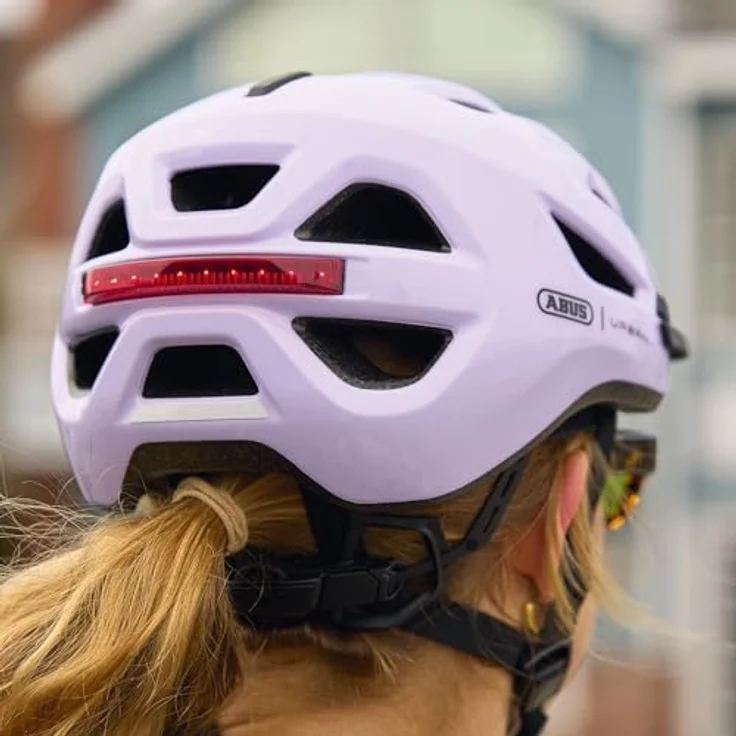 ABUS Stadthelm Urban-I 4.0, Fahrradhelm mit aufladbarem Rücklicht, 2 Leuchtmodi, Schirm, Zopf-Öffnung, magnetischem Verschluss, Größe S, lila – Bild 10