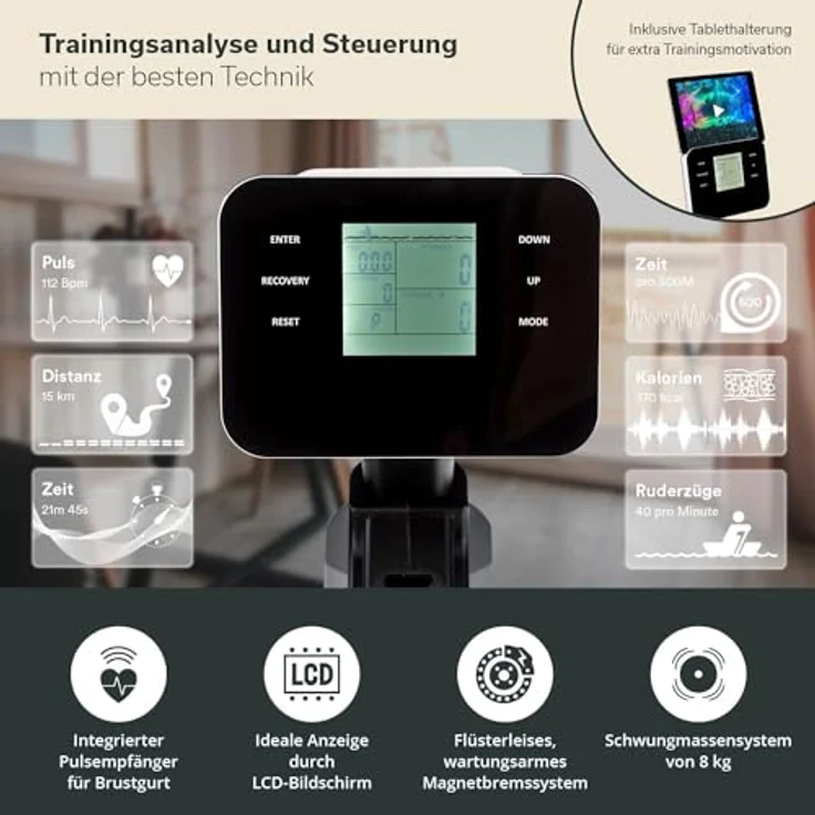 Skandika Rudergerät Freki | Rudergerät für Zuhause in Studio Qualität, 10-stufiger Magnetwiderstand, 8 kg Schwungmassensystem, Kinomap App kompatibel, aufstellbar, bis 200 cm | Fitnessgerät – Bild 3