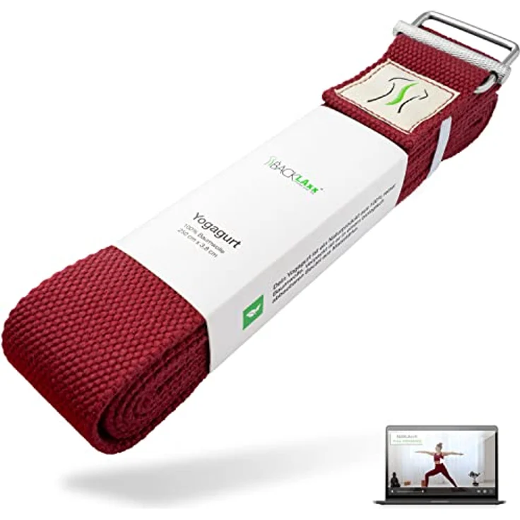 BACKLAxx® Yoga Gurt Baumwolle (rot) – Nachhaltiges Yoga Zubehör Set, Yogagurt 250 cm lang mit praktischem Verschluss aus Metall – Yoga Set ideal für Yoga, Pilates und Dehnen inkl. Anwendungsvideos – Bild 1