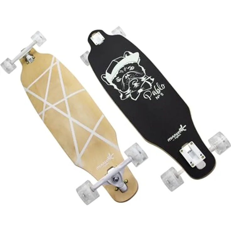 muuwmi Longboard Glow Pablo, LED-Rollen, ABEC 7, Deck 97x23 cm, 7 Zoll Aluminium Trucks, 65x51 mm Rollen, GLOW in the DARK Design