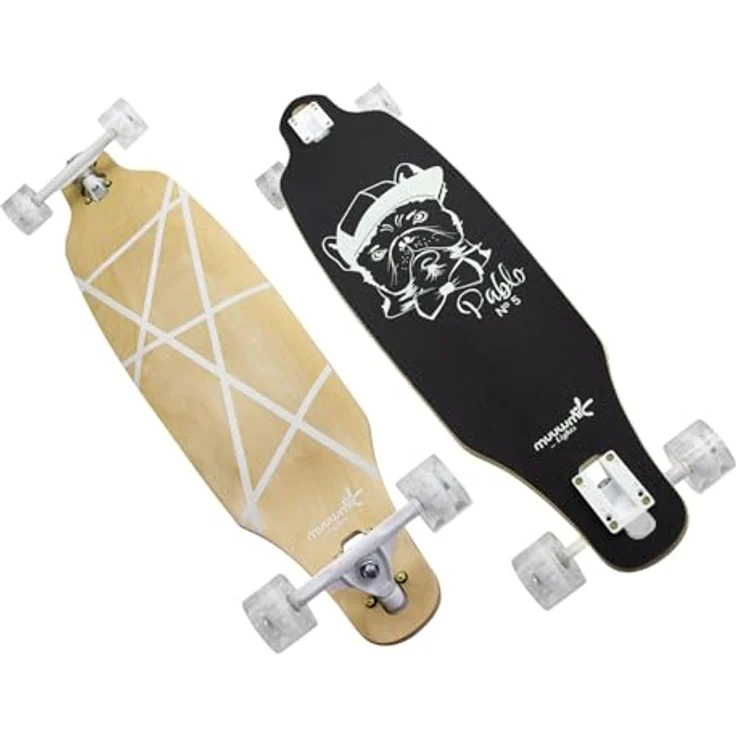 muuwmi Longboard Glow Pablo, LED-Rollen, ABEC 7, Deck 97x23 cm, 7 Zoll Aluminium Trucks, 65x51 mm Rollen, GLOW in the DARK Design – Bild 1