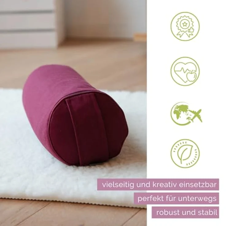 Bodhi Yoga Mini Bolster ECO | Ø 14 cm | 100% Bio-Baumwolle | Nackenrolle mit Buchweizenschalen | Yogabolster mit abnehmbarem und waschbarem Bezug | Yogarolle für Meditation | aubergine – Bild 7