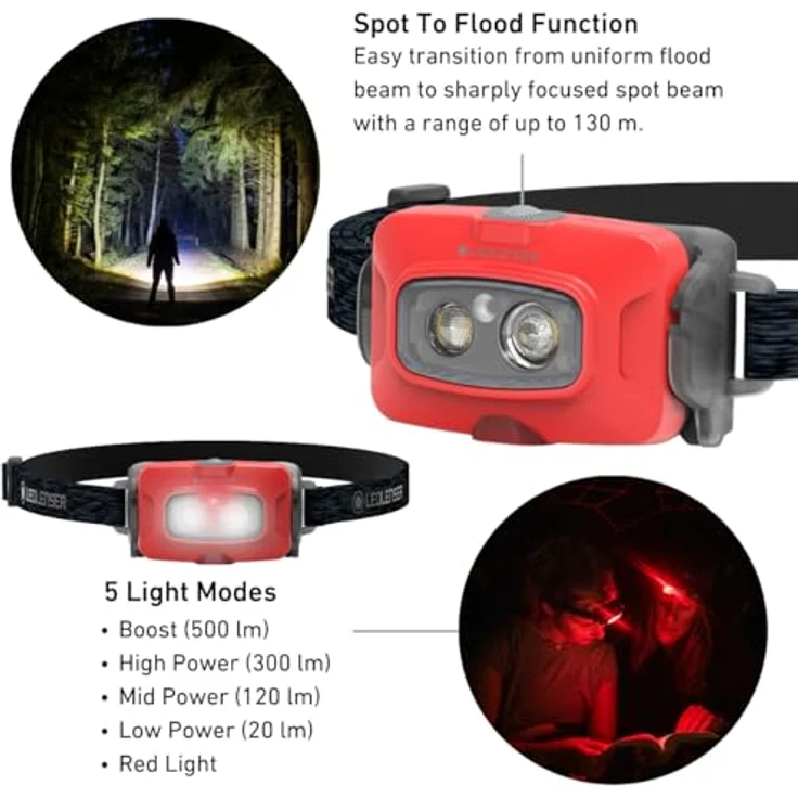 Ledlenser HF4R Core, wiederaufladbare Stirnlampe mit 500 lm Lichtleistung, rotes Frontlicht und wasserfestem Design, rot – Bild 2