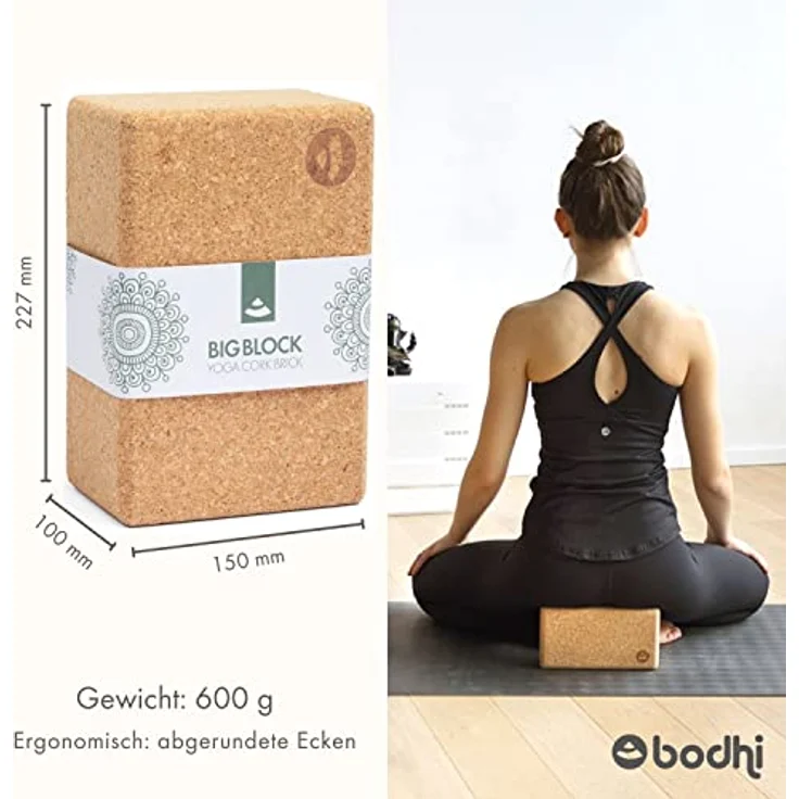 Bodhi Yoga Block Kork Brick | Einzeln & als Set | 100% Naturkork – Universal Yogaklotz | Umweltfreundlich & Nachhaltig | Tool für Deine Asanas, Stretching & Regeneration | 227x150x100 mm – Bild 2