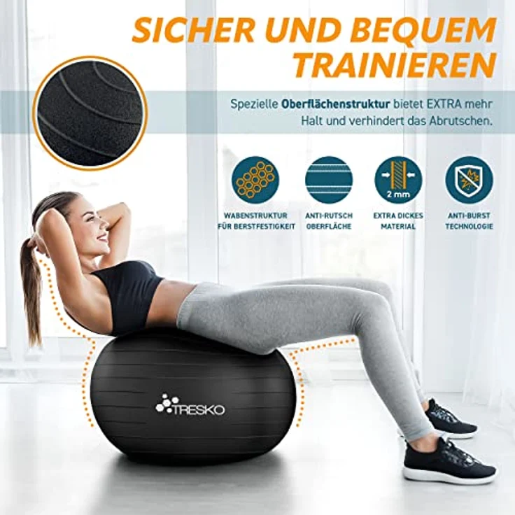 TRESKO Gymnastikball mit GRATIS Übungsposter inkl. Luftpumpe - Yogaball BPA-Frei | Sitzball Büro | Anti-Burst | 300 kg,Schwarz,65cm (für Körpergröße 155 - 175cm) – Bild 4