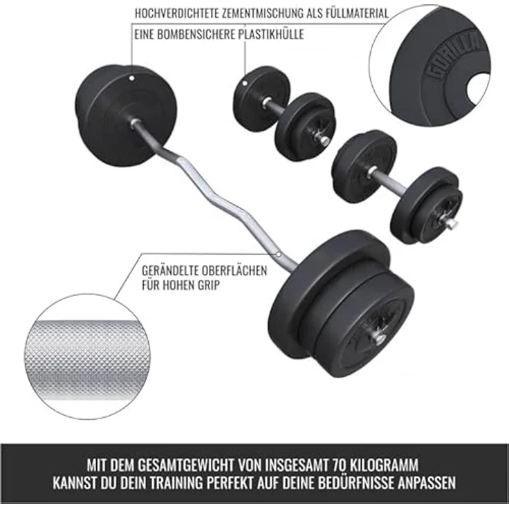 GORILLA SPORTS® Hantelset - 70kg, SZ Curlstange 120cm, Gewichte 4x1,25kg / 4x2,5kg / 4x5kg / 2x10kg, 2X Kurzhanteln 30mm, Kunststoff, Bodenschonend – Bild 4