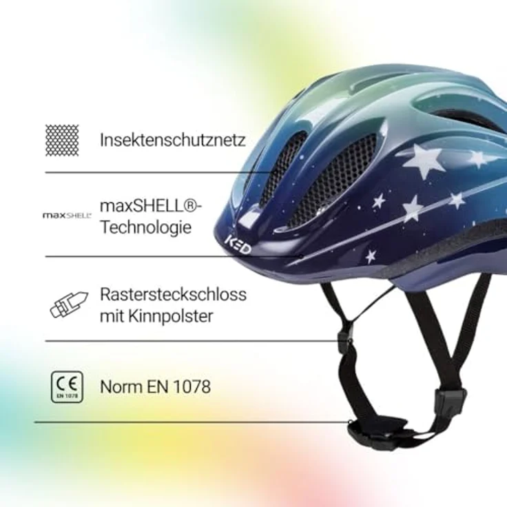 KED Meggy II Trend | Kinder Fahrradhelm mit maxSHELL Technologie, Insektenschutznetz und integrierten LED-Rücklicht, Stars Blue Green, 49-53 (SM) – Bild 2