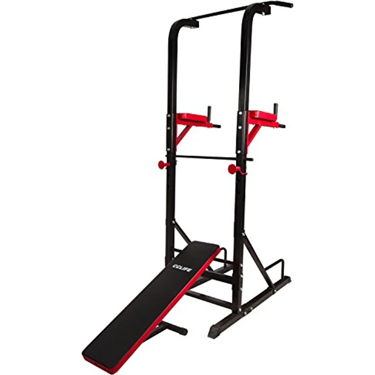 CCLIFE Power Tower Dip Station, Multifunktions-Krafttrainingsgerät mit verstellbarer Ablage, schwarz/rot – Bild 6