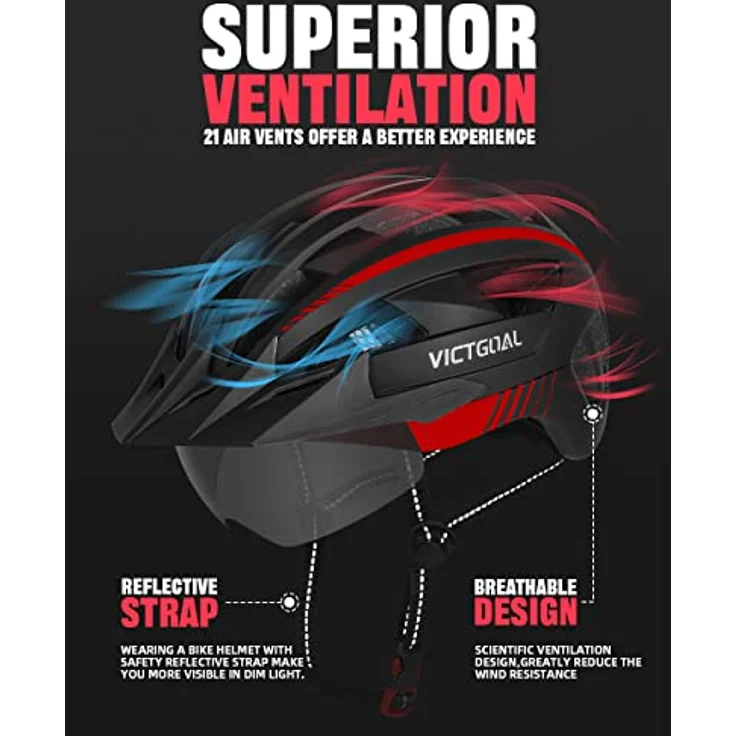 Victgoal VICTGOAL Fahrradhelm MTB für Herren und Damen, Schwarz Rot, mit abnehmbarer magnetischer Schutzbrille, atmungsaktiv, 21 Belüftungskanäle, verstellbare Größe (L: 57-61 cm) – Bild 3