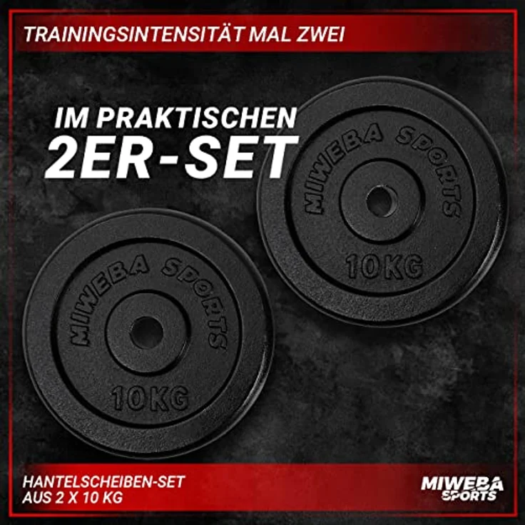 Miweba Sports Hantelscheiben Set HSG | 𝐏𝐫𝐨𝐟𝐢 Hanteln - Hantelscheibe - Hantel Scheiben - Gusseisen Gewichte - Ø 30/31 mm - Hantelset - Gewichtsscheiben - Hantelgewicht - Plates (2x 10.0 Kg) - Preisvergleich – Bild 5
