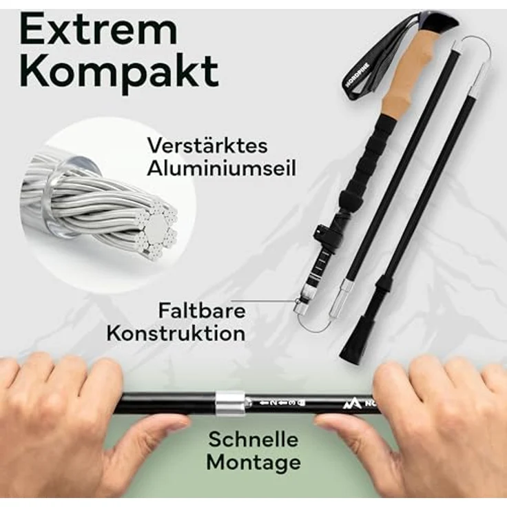 NEOLYMP Faltbare Wanderstöcke aus Carbon & Aluminium, ultraleichte Trekkingstöcke mit Korkgriff, Wolframspitze und Gummipuffer, verstellbar 115-135 cm – Bild 4