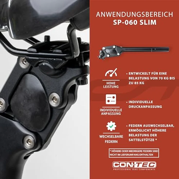 CONTEC Fahrrad-Federsattelstütze SP-060 Slim, Parallelogramm, Aluminium, Federung für MTB & Citybike, Rücken-Entlastung, Schwarz, 350 mm – Bild 5