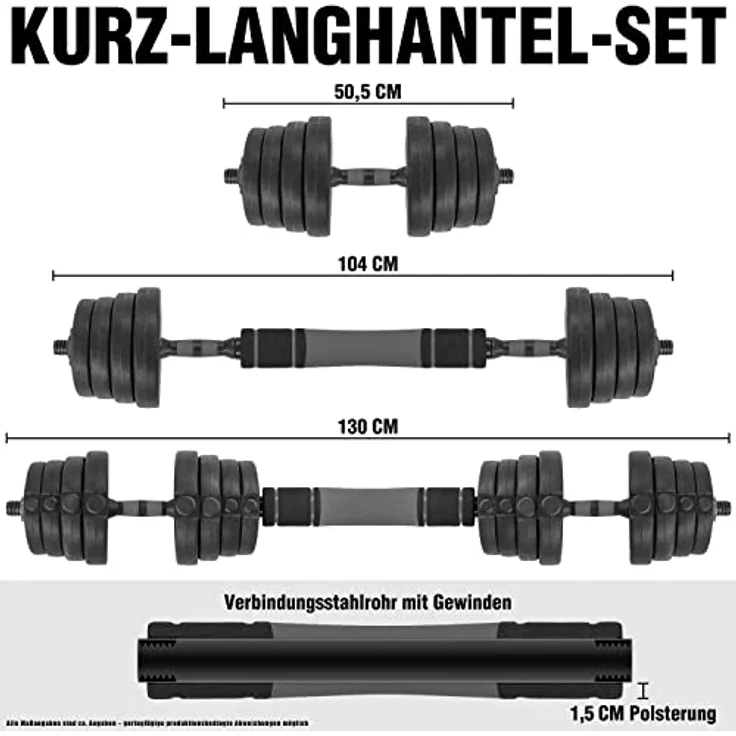 C.P.Sports 2in1 Kurzhantel & Langhantel Set 30kg / 40kg | Hantelscheiben – Gewichte – Hantelstangen | verstellbare Hanteln – Hantelset für Krafttraining, Fitness, Home Gym (silber-schwarz – 30kg Set) – Bild 5