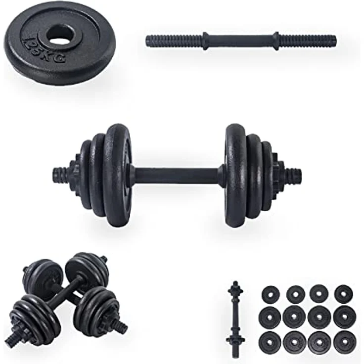 BnB Sports Bodybuilding Hantelset, verstellbare Hanteln mit Gusseisen und Vollsilbergewichten, 15 & 20 kg, Spinlock Kragen, gerändelte Stangen, inkl. transportierbarem Koffer – Bild 2